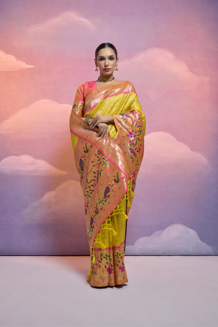 Elegant USA Banarasi Paithani saree with Kanjivaram weave and fancy tassels