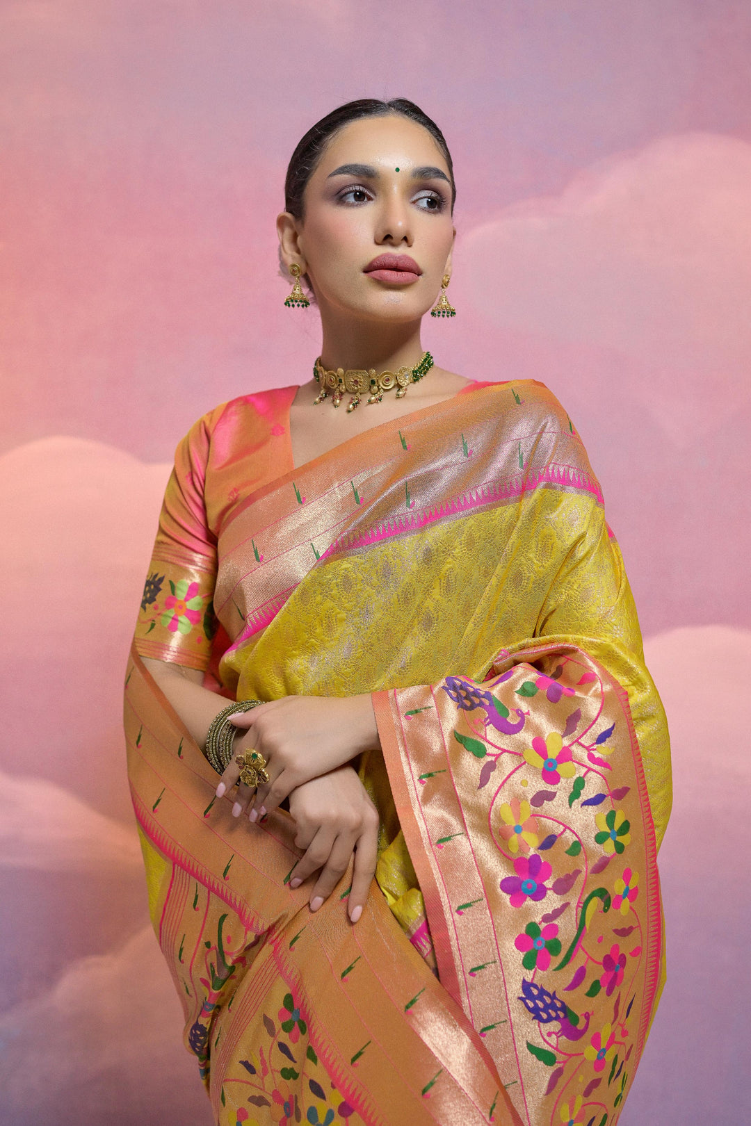 Charming Banarasi Paithani saree with rich zari pallu, crafted for USA festive occasions