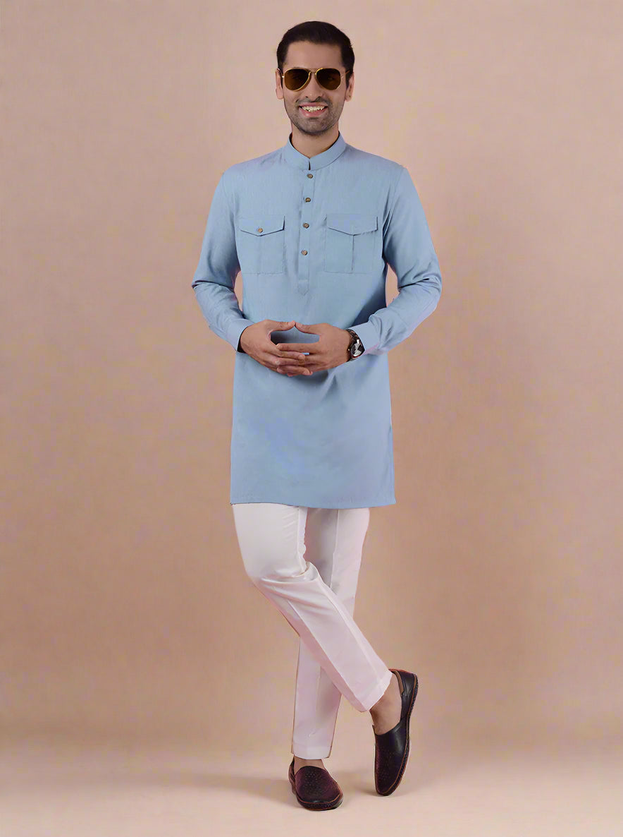 Elegant sky blue kurta pajama for men with silk blend fabric, great for festive occasions.