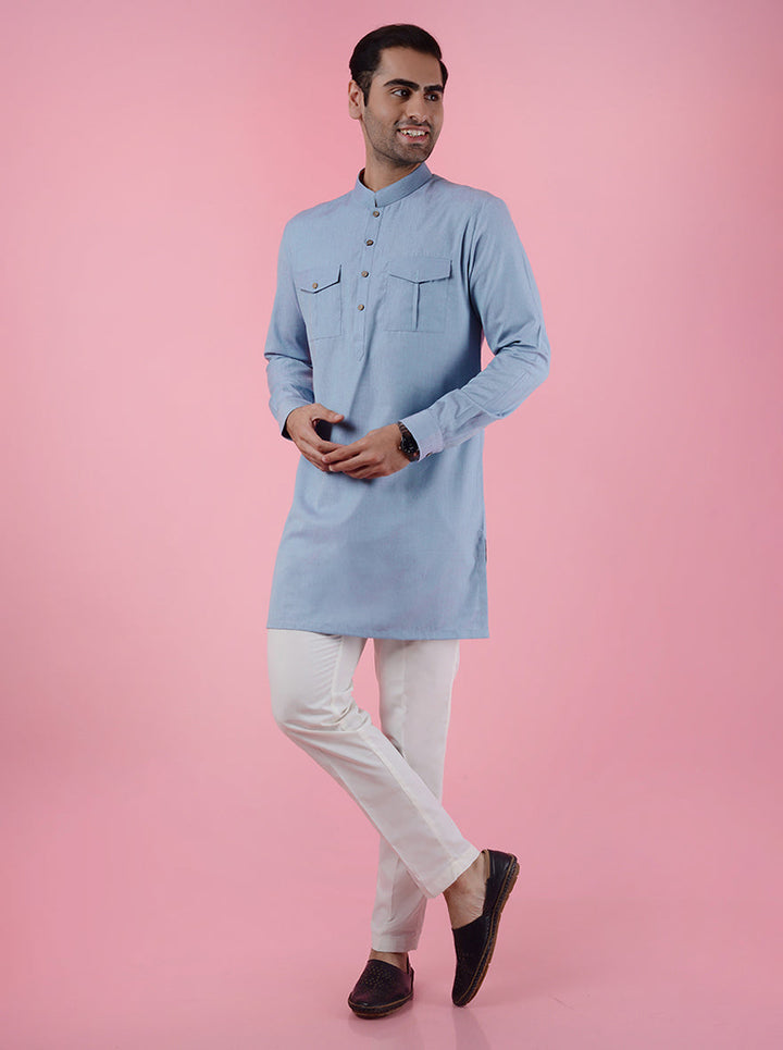 Stylish blue silk blend kurta pajama, ideal for casual events and gatherings, enhancing your festive wardrobe in the USA.