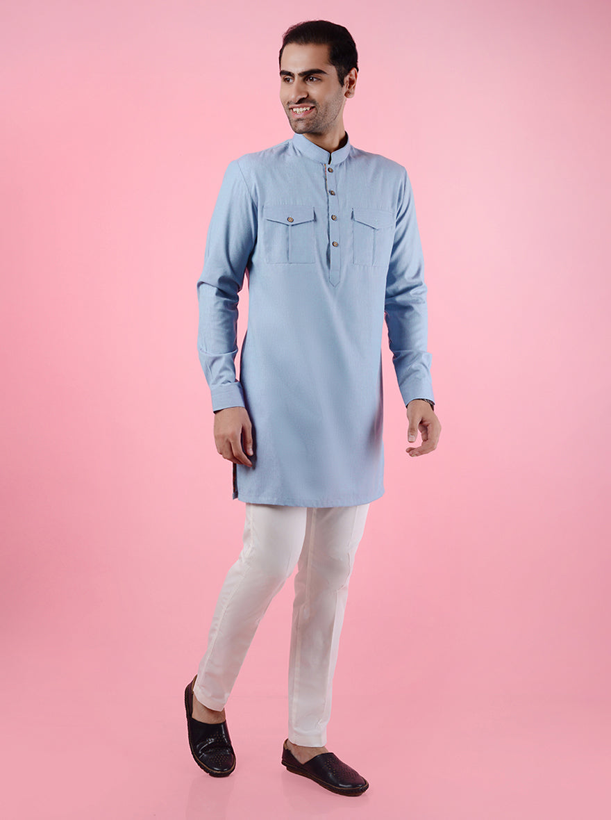 Blue silk blend kurta pajama for men, a classic choice for casual events and gatherings in the USA.