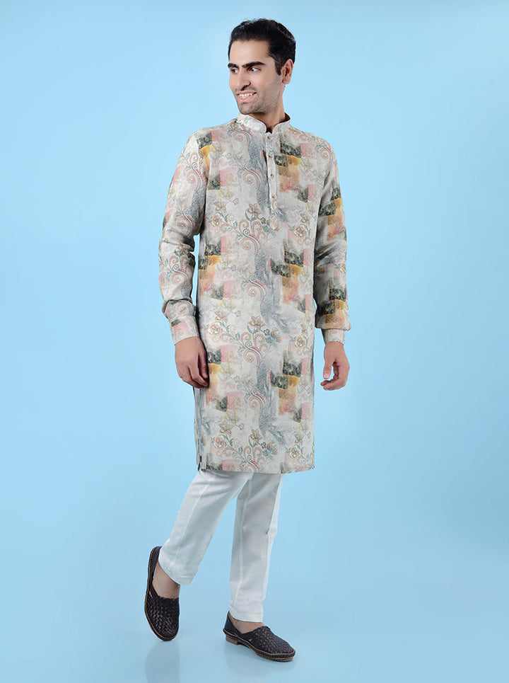 Elegant green linen kurta for men, designed for festive occasions with a stylish and comfortable fit.