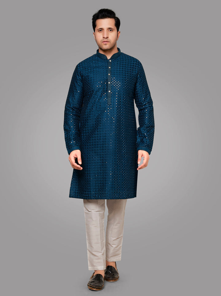 Stunning blue kurta set featuring intricate embroidery, perfect for enhancing your men's kurta pajama collection in the USA.