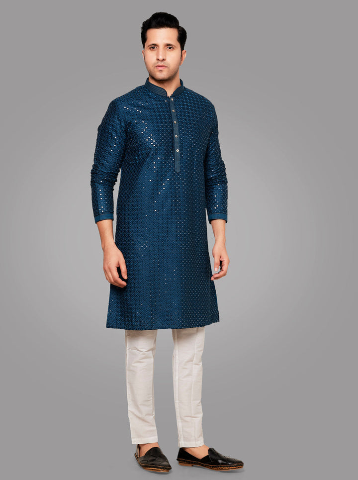 Chic blue kurta set made from luxurious soft silk blend, designed for comfort and elegance during festive celebrations in the USA.