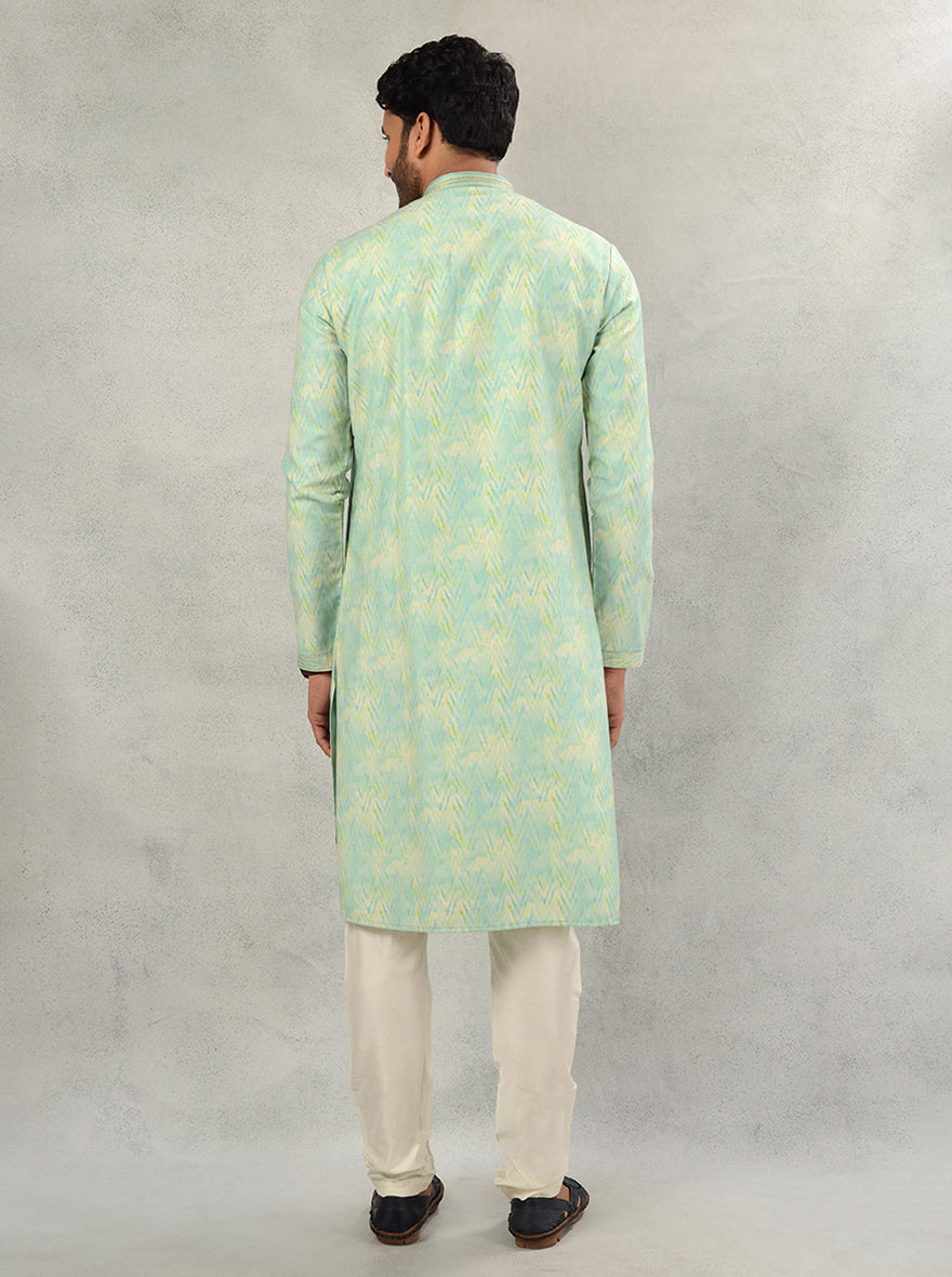 Discover sophistication in this Aqua Green kurta pajama, perfect for mehndi events and more.