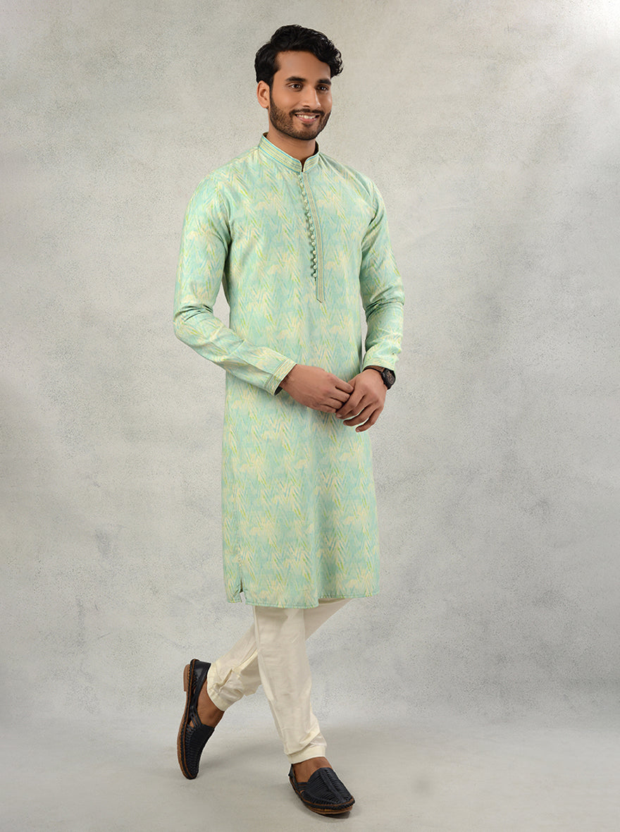 Enhance your ethnic wear with this elegant Aqua Green kurta set, crafted for the modern man.