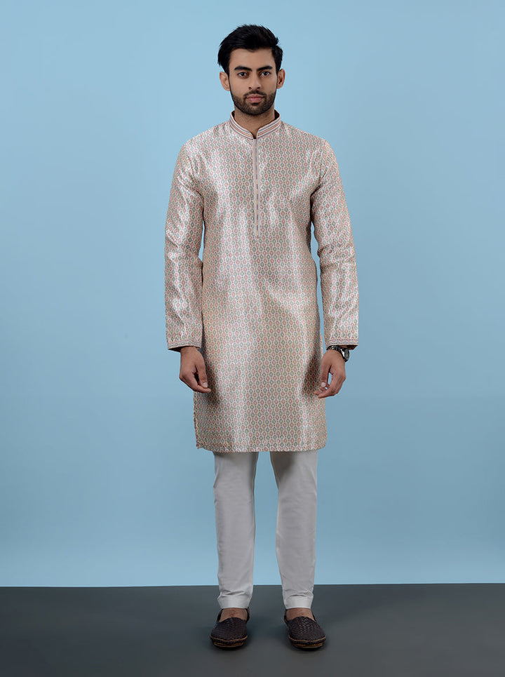 USA men’s beige and pink kurta set, ideal for weddings and haldi events.