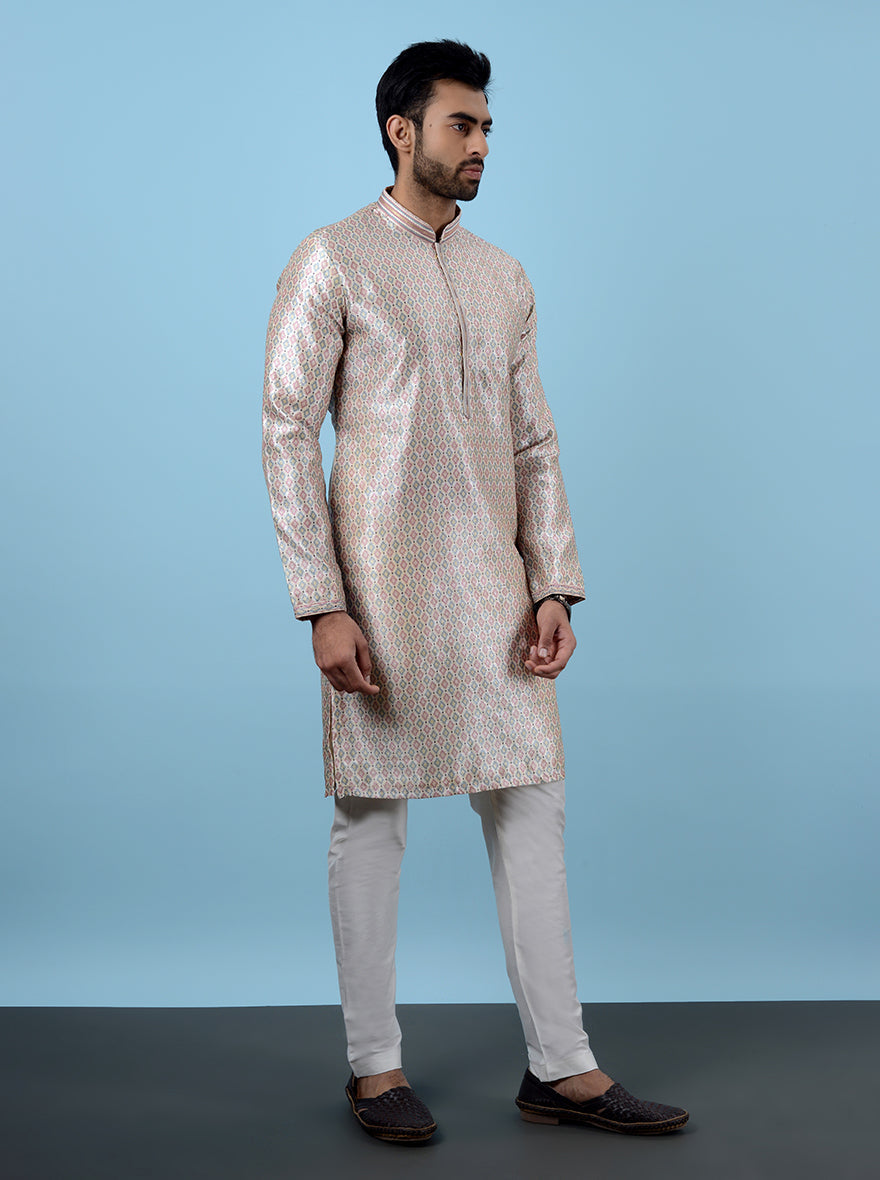 Jacquard beige and pink kurta pajama for men, crafted for USA festive occasions.