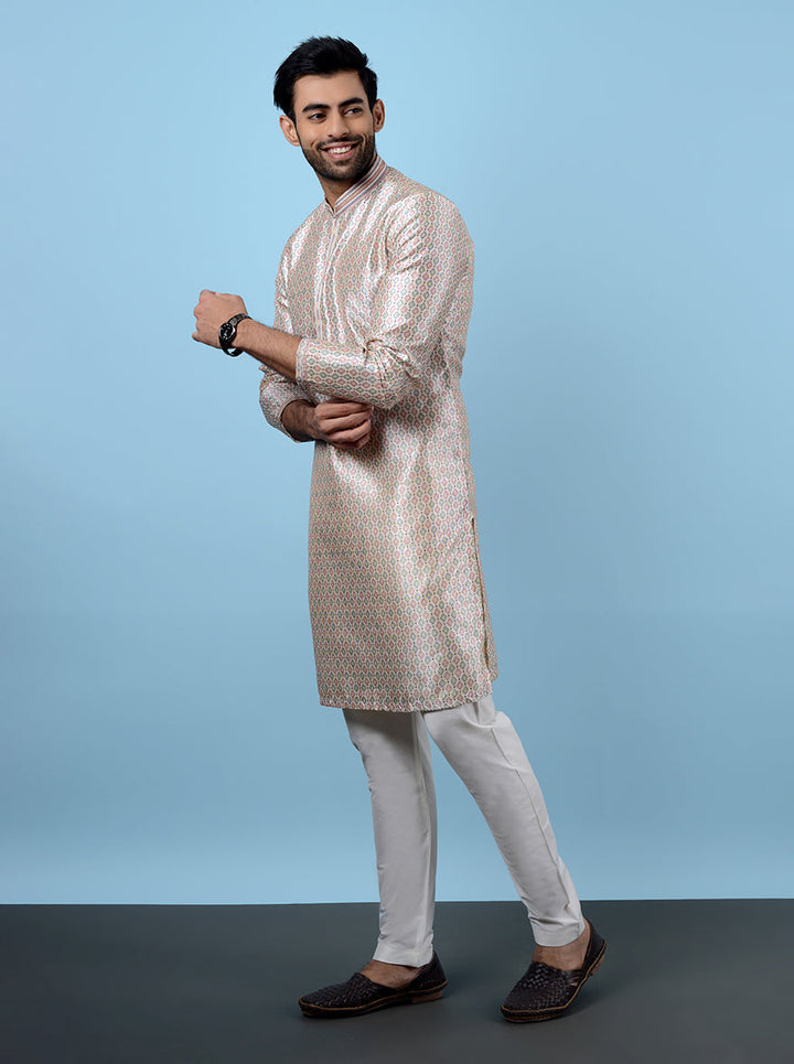 Luxurious jacquard kurta pajama set, beige and pink for USA weddings.