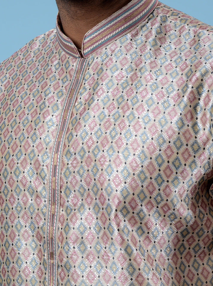 USA men’s kurta set, beige and pink jacquard fabric for weddings and haldi.