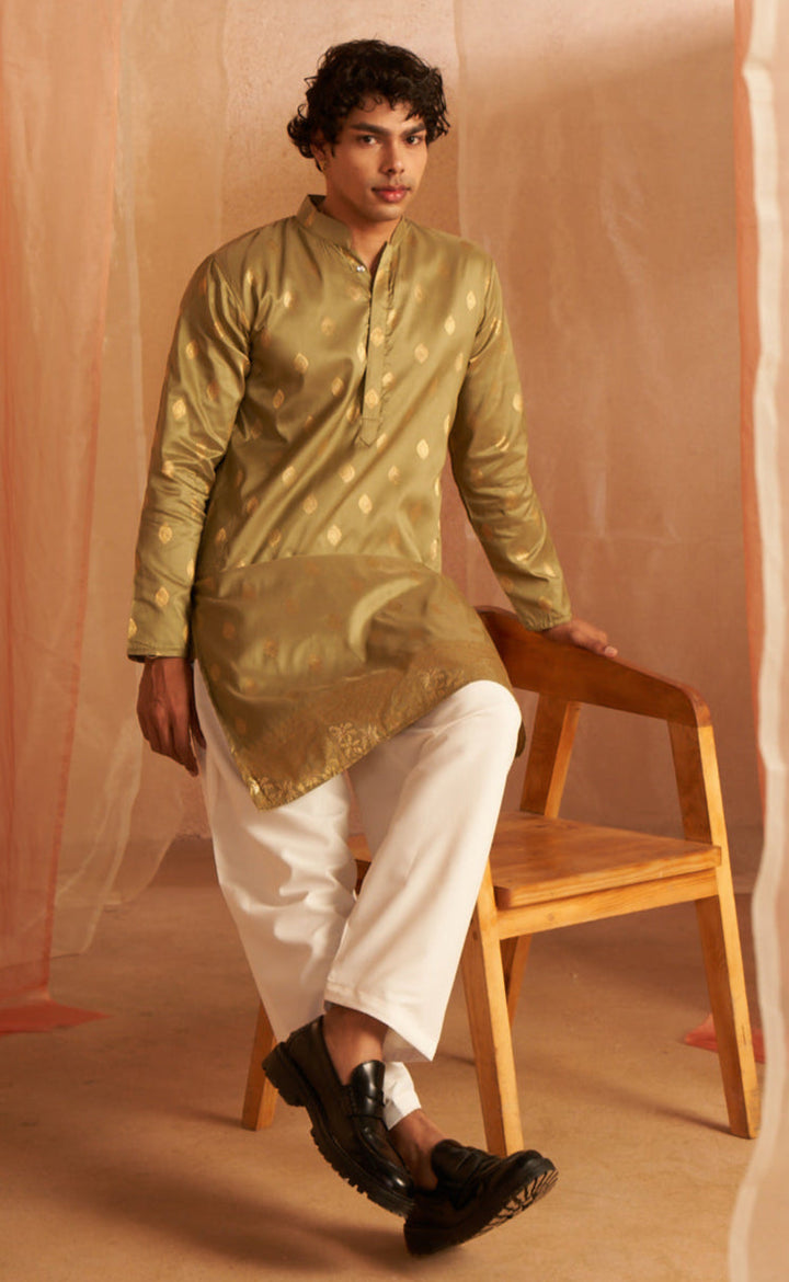 Olive Green Cotton Embroidered Kurta Pajama | Perfect for Mehndi Function