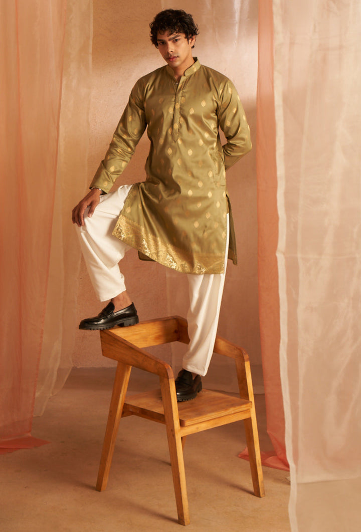 Olive Green Cotton Embroidered Kurta Pajama | Perfect for Mehndi Function