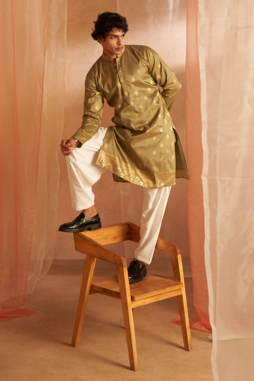 Olive Green Cotton Embroidered Kurta Pajama | Perfect for Mehndi Function