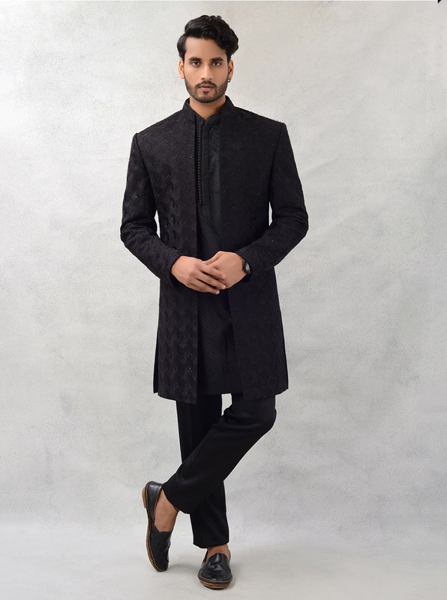 The black Silk Blend Embroidered Indo Western Outfit ensures comfort and sophistication, making it perfect for weddings and celebrations in the USA.