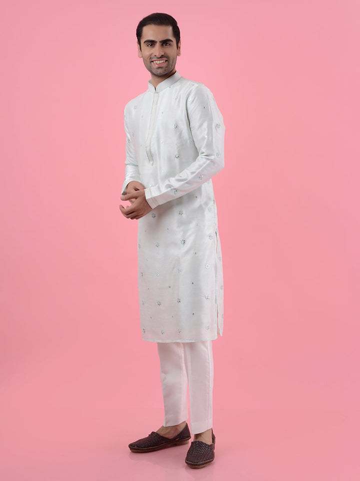 Elegant light mint green silk blend kurta for men, great for festive and cultural events.