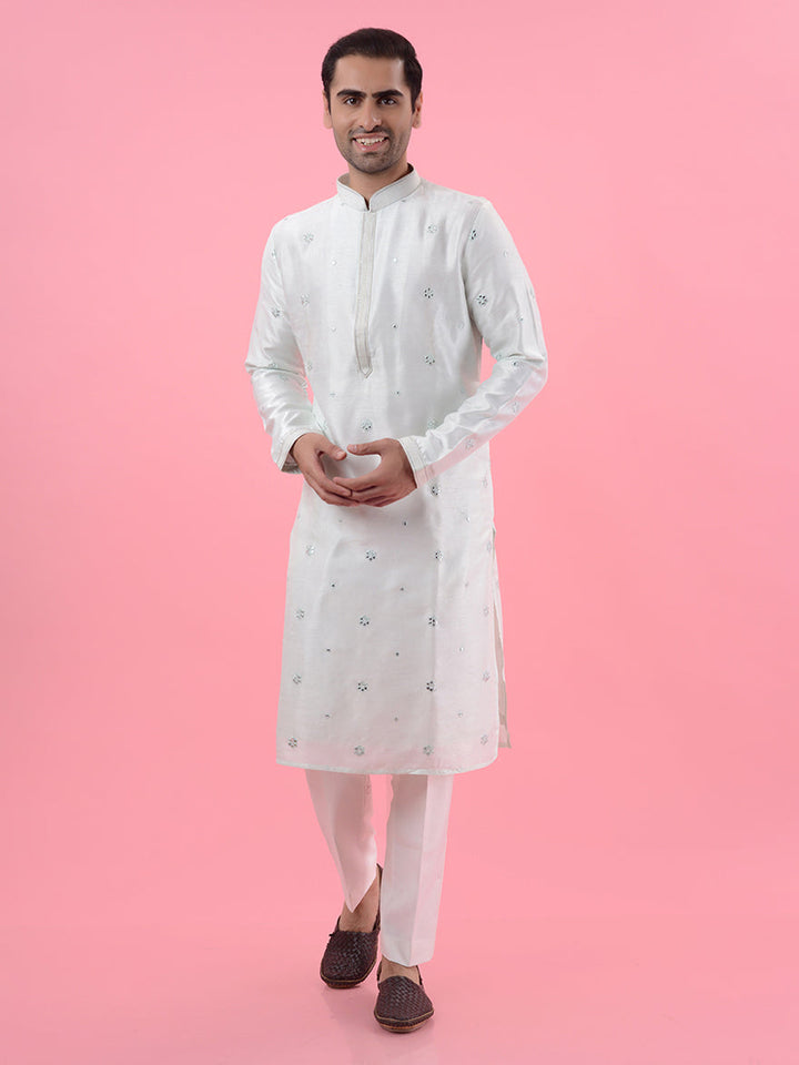 Silk blend mint green kurta set for men, perfect for cultural events and formal wear.