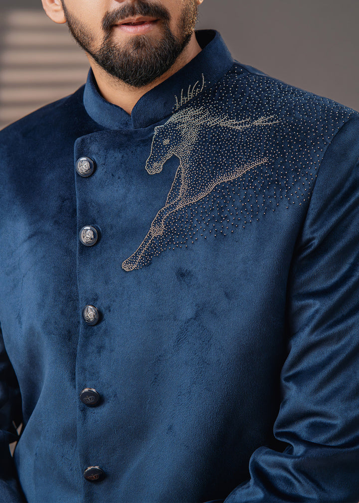 Experience elegance with our handcrafted blue Jodhpuri suit, designed for making a lasting impression.