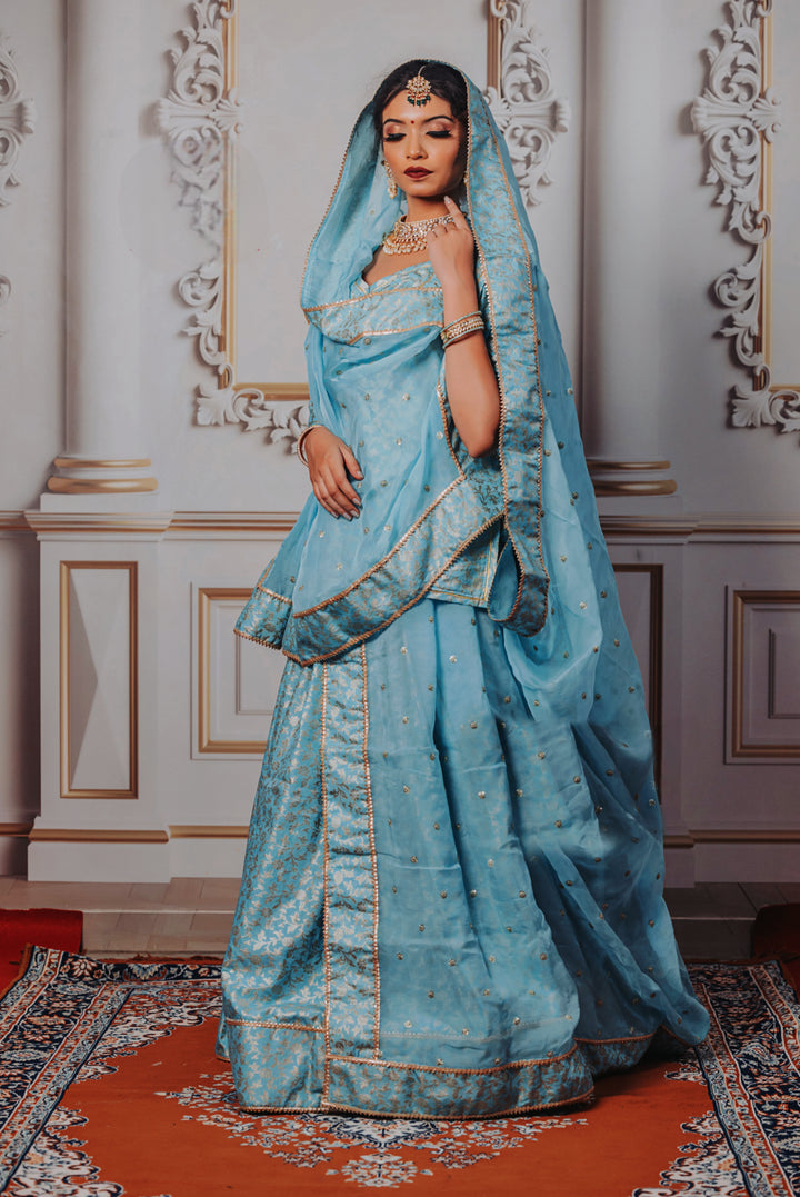 Syk Blue Rajputi Poshak Banarasi Silk | Golden Zal Print Dupatta Organza