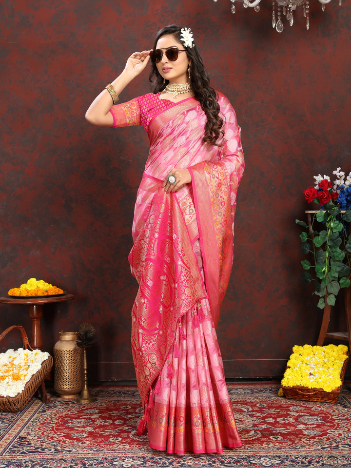 Pink Organza silk saree featuring intricate Meenakari details, ideal for traditional occasions.