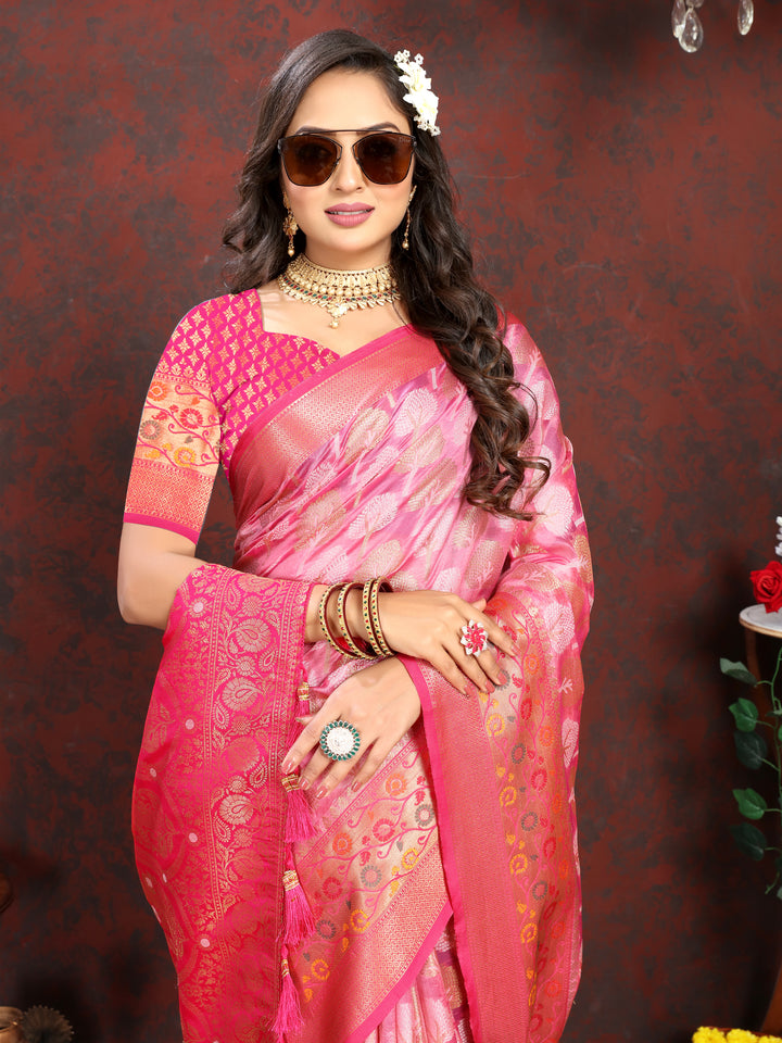 Designer pink Meenakari Organza silk saree with exquisite artistry, perfect for grand celebrations.