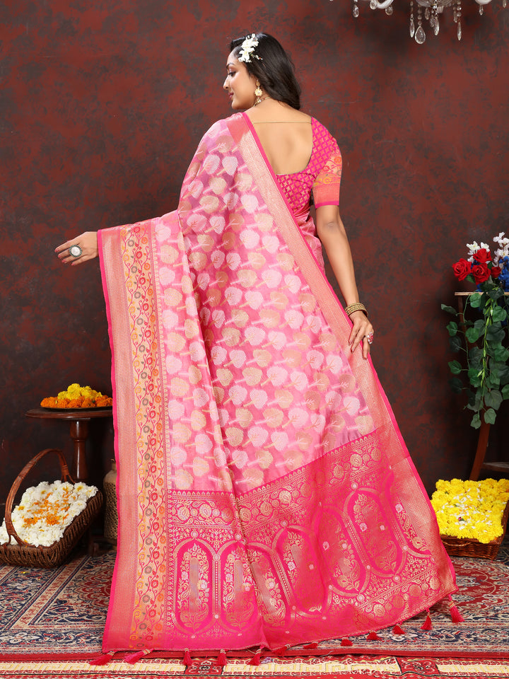 Classic pink Organza silk saree with rich Meenakari design, ideal for weddings and parties.