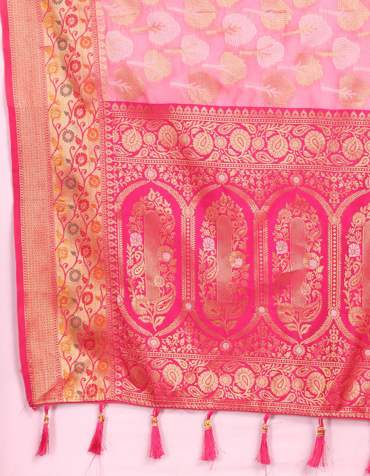 Beautiful pink Meenakari Organza silk saree with intricate weaving, perfect for festive occasions.