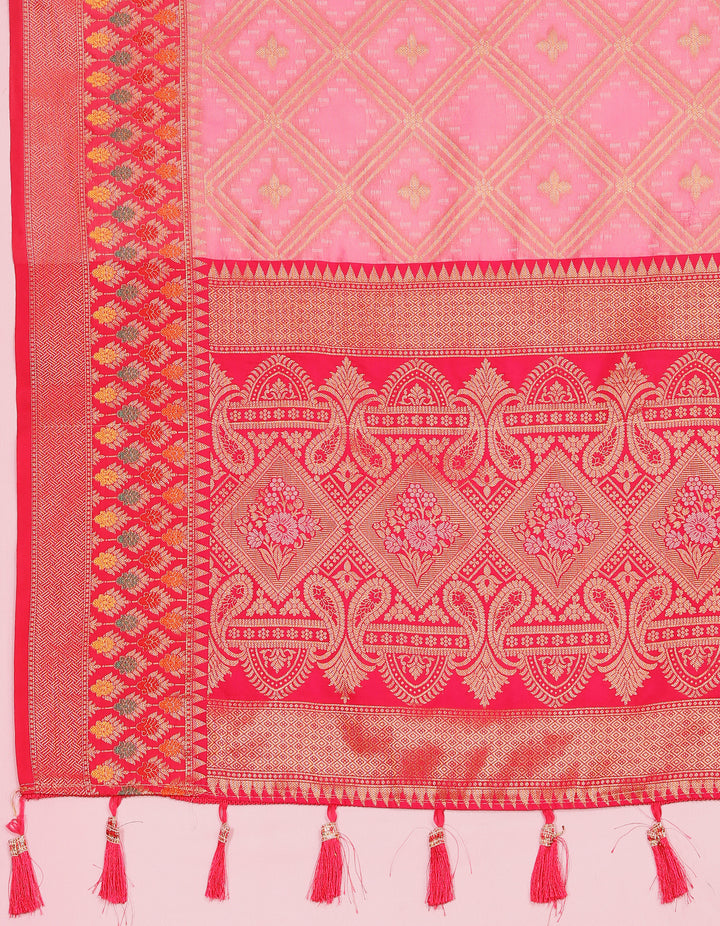 Sophisticated pink Organza silk saree with rich zari detail and Meenakari pallu, perfect for traditional occasions.