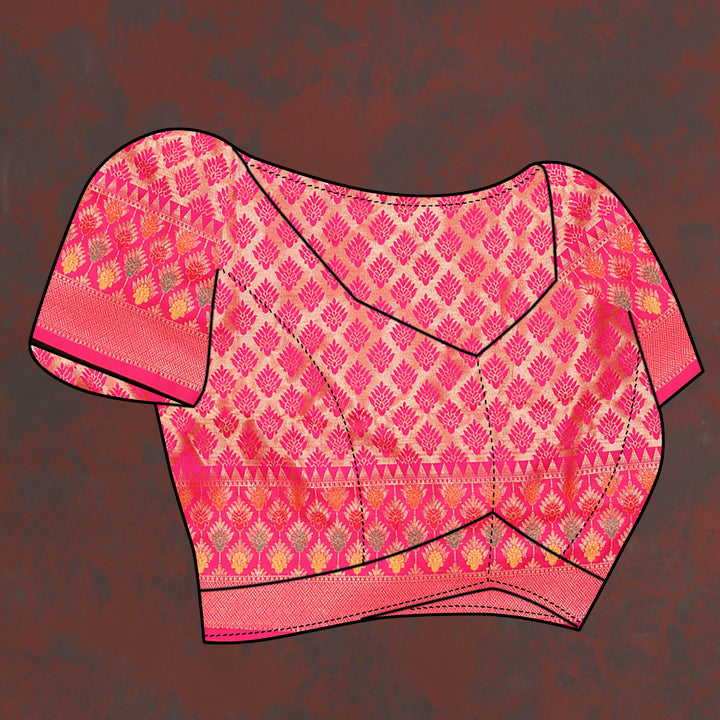 Pink Organza silk saree with intricate zari weaving and Meenakari pallu design, ideal for festivals.