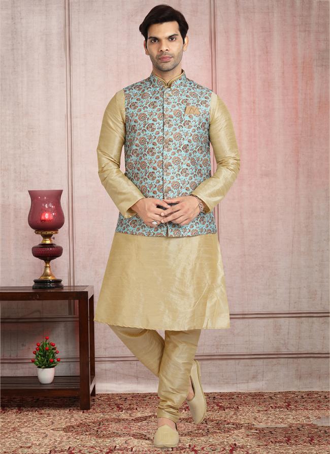 Sky Blue Traditional  Art Silk  Kurta Pajama Jacket | Timeless Traditions & Modern Fashion Trends