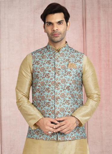 Sky Blue Traditional  Art Silk  Kurta Pajama Jacket | Timeless Traditions & Modern Fashion Trends