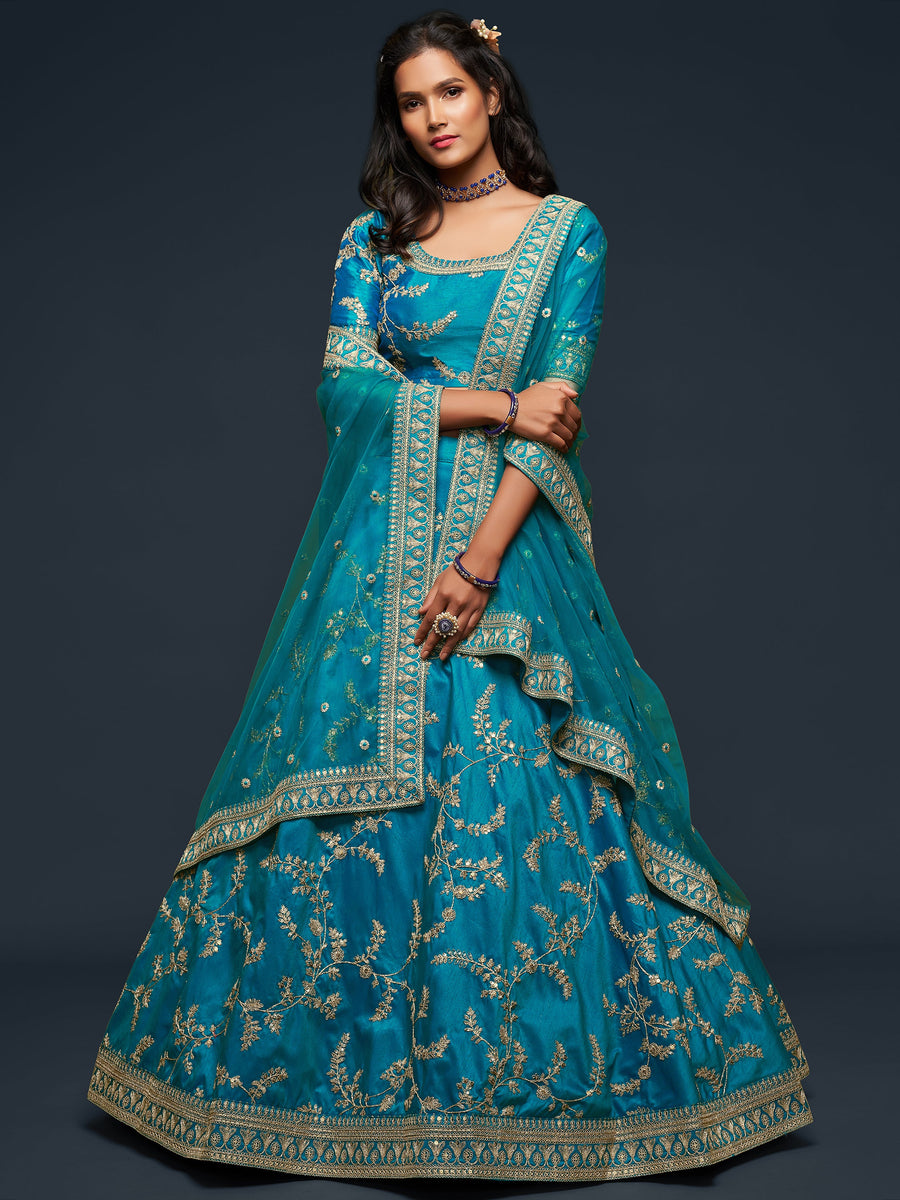 Teal blue bridal lehenga with zari and thread embroidery for weddings