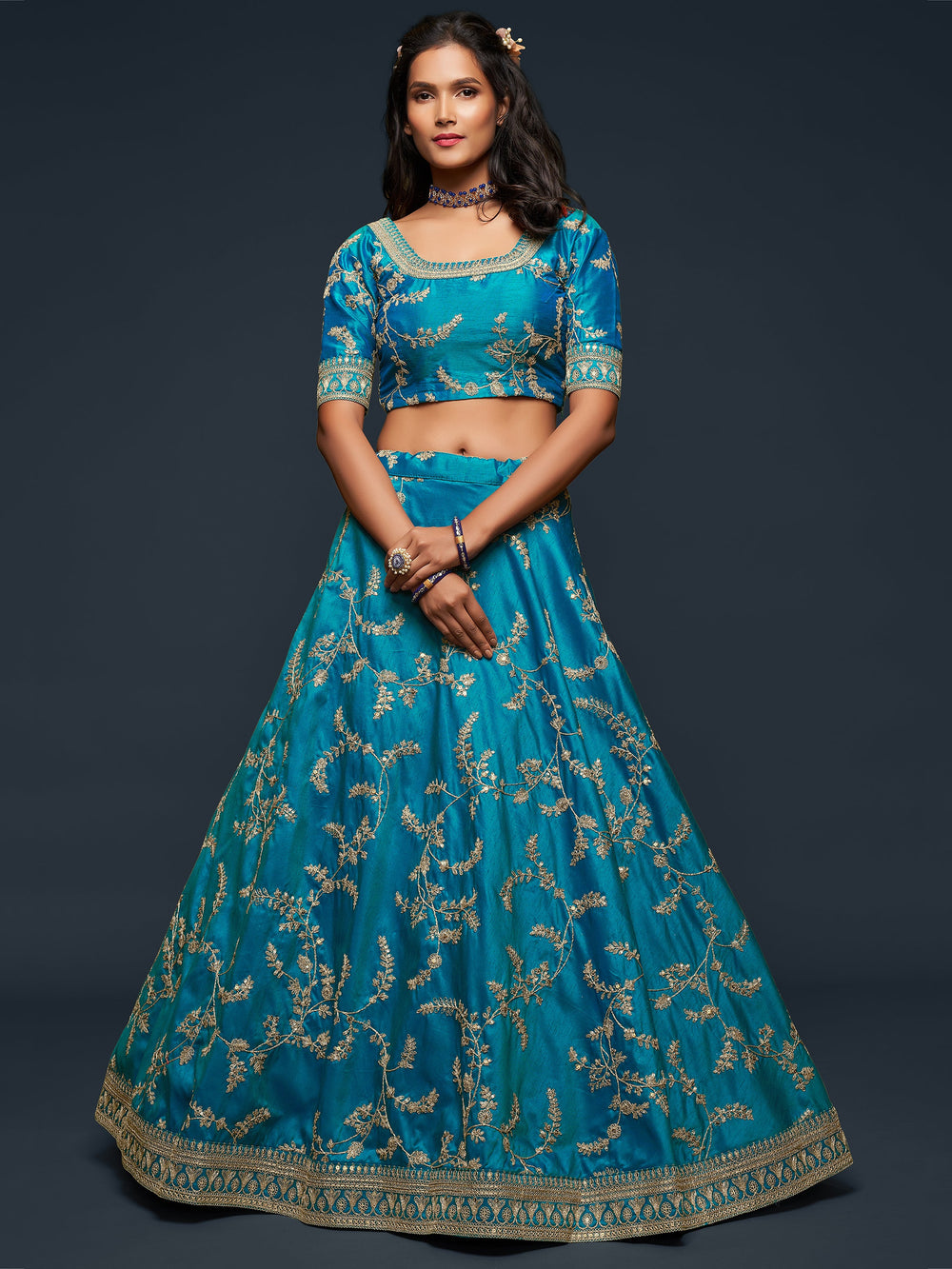 Art silk teal blue lehenga choli with net dupatta and lace detailing