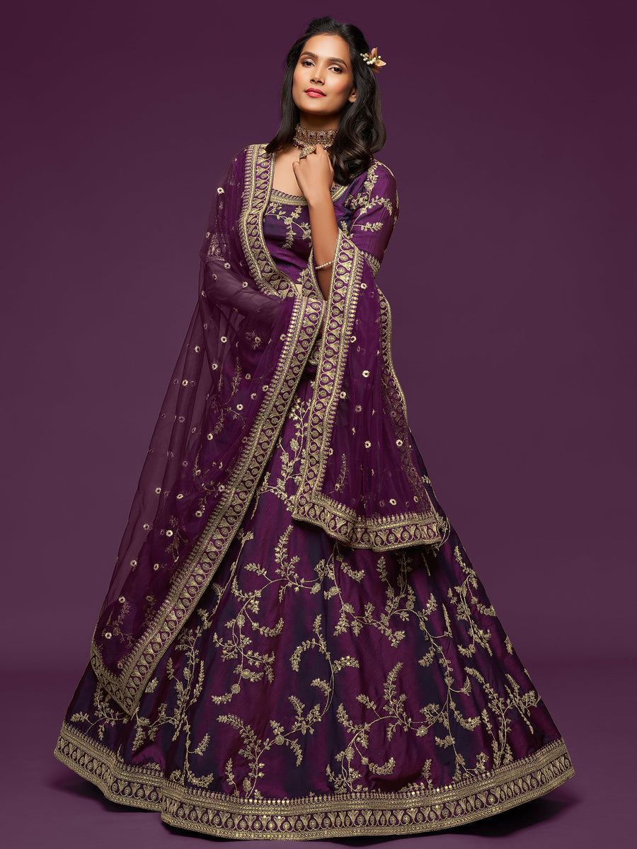 Purple art silk lehenga with intricate thread and zari embroidery for weddings.