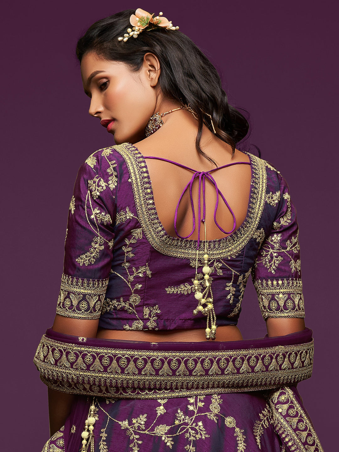 Semi-stitched purple lehenga dress with embroidery lacework and can-can.