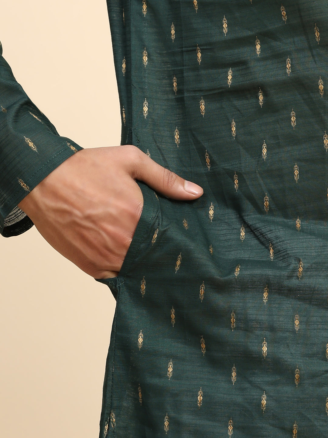 Stylish mehandi green kurta pajama with intricate handwoven motifs.