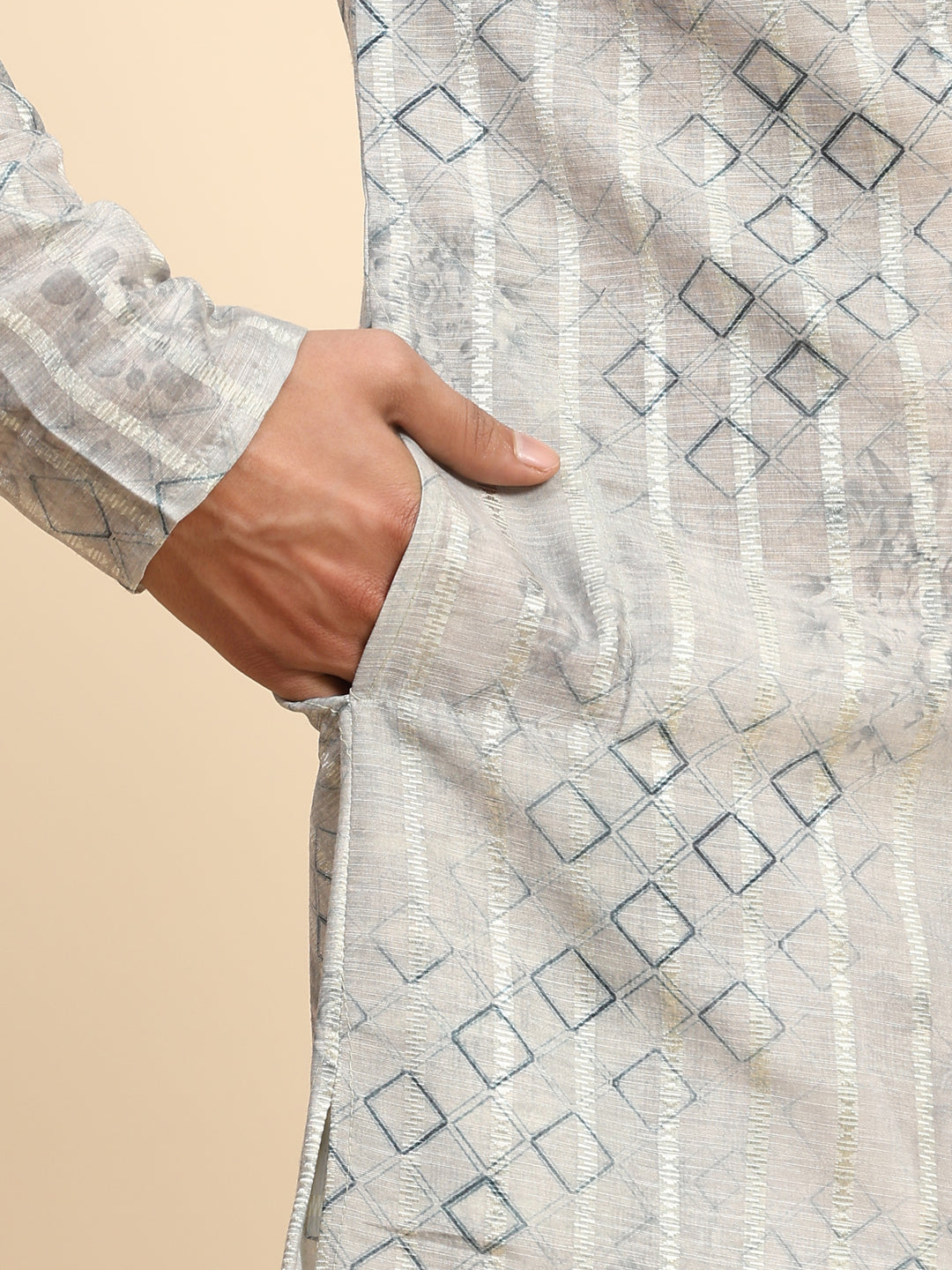 Premium grey kurta pajama with digital geometric print, ideal for festive wear.