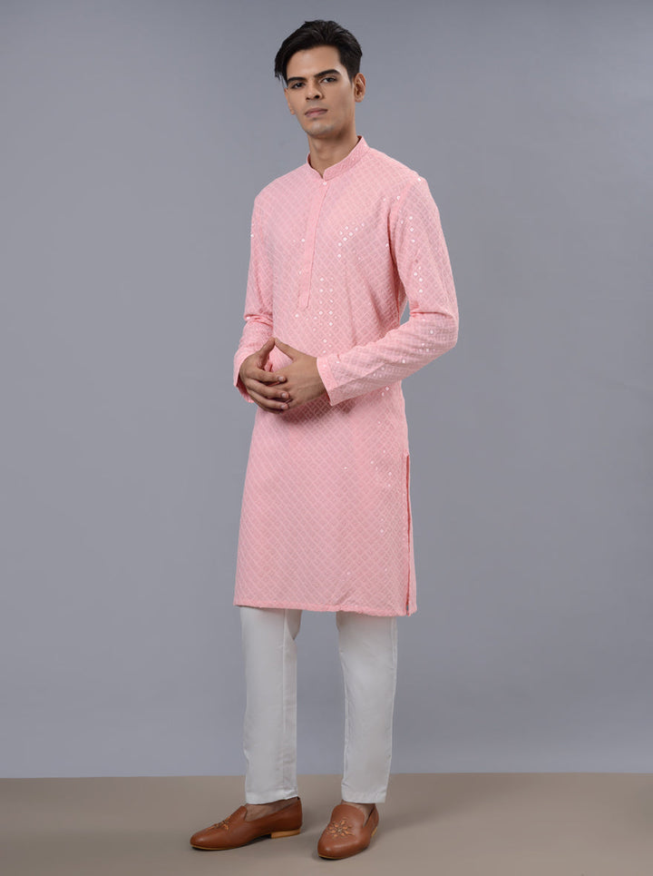 Elegant pink kurta pajama for men, crafted to elevate your festive wardrobe in the USA.