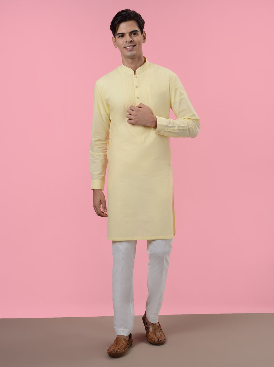 Celebrate in elegance with our lemon yellow kurta pajama, ideal for haldi events in the USA.