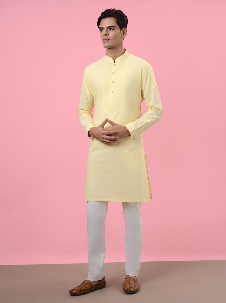 Comfortable lemon yellow kurta pajama, perfect for stylish men attending family festivities.