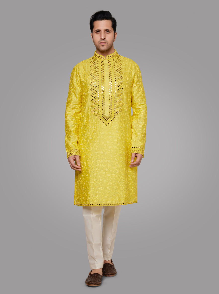 Bright and elegant yellow kurta set, perfect for festive occasions in the USA, showcasing intricate embroidery and comfort.