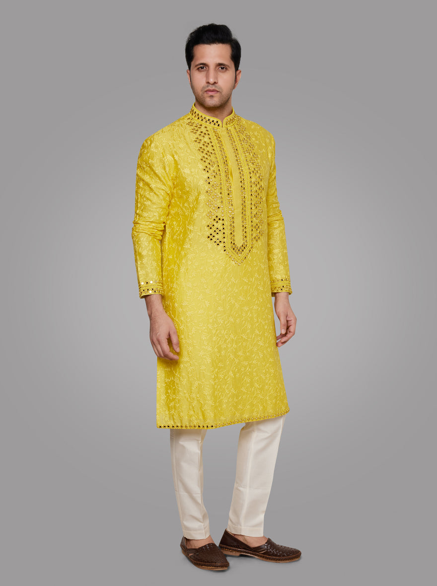 Stunning silk blend yellow kurta set designed for festive celebrations, ideal for enhancing your ethnic wardrobe in the USA.