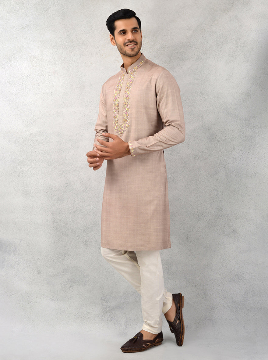 Sophisticated dune brown silk kurta pajama, ideal for showcasing your style at cultural gatherings in the USA.