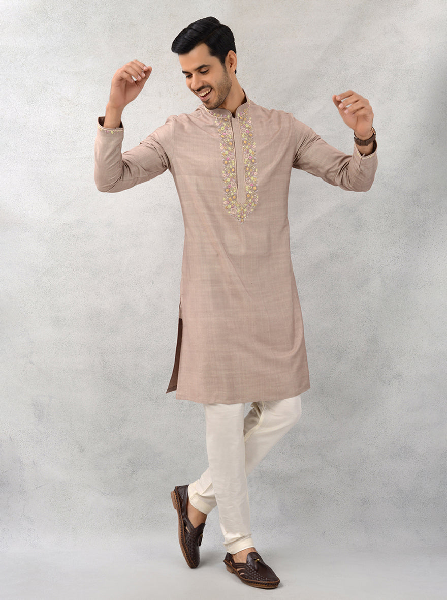 USA men’s dune brown kurta, silk embroidered for festivals