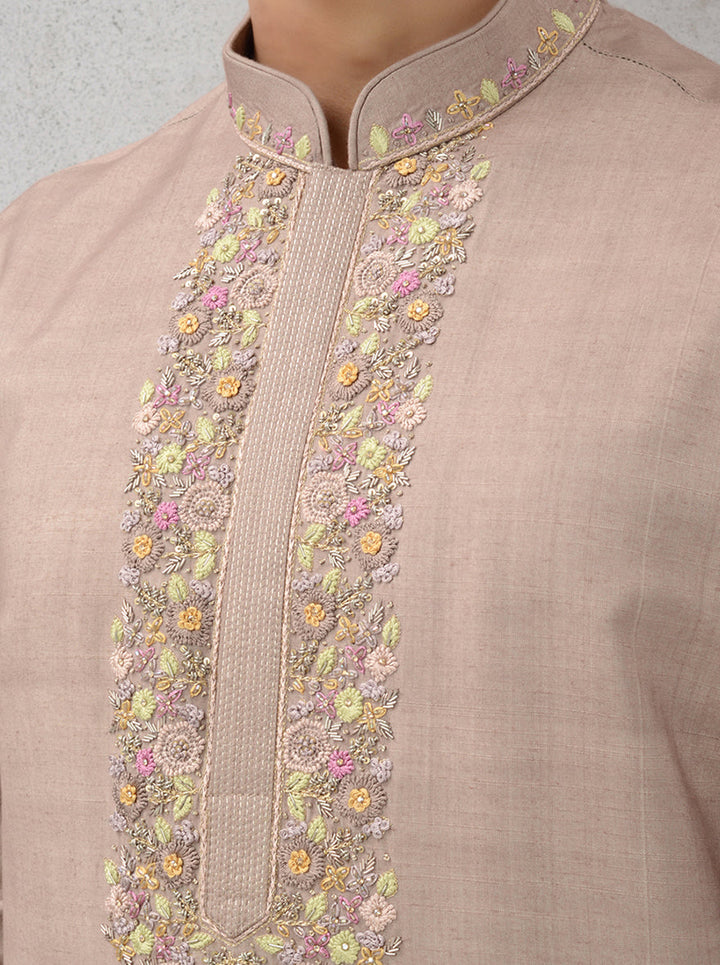 Dune brown silk kurta pajama with embroidery, USA special wear