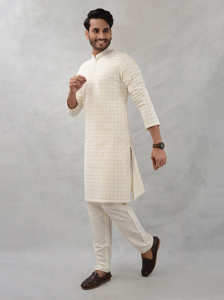 Cream georgette kurta pajama for men, ideal haldi attire, USA collection