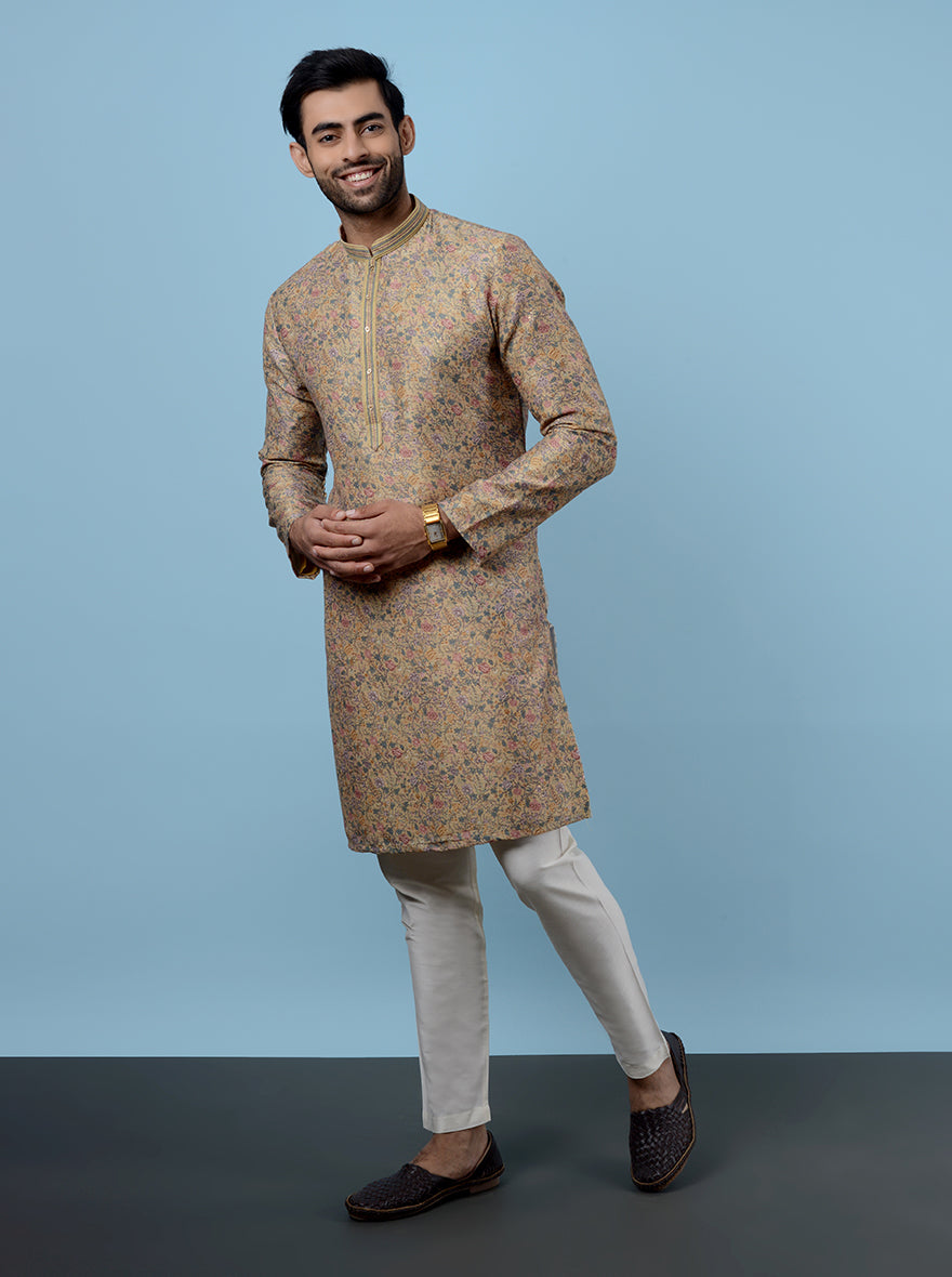 Silk blend mustard kurta for USA men, perfect for haldi and mehndi.