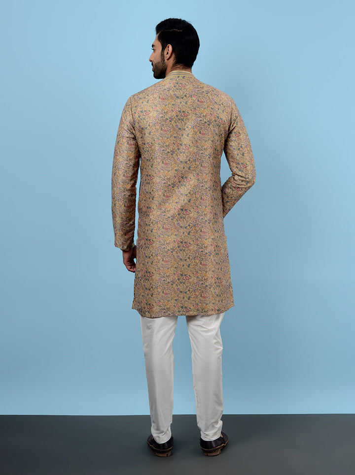 Intricate mustard embroidered kurta pajama for men, USA haldi and mehndi events.