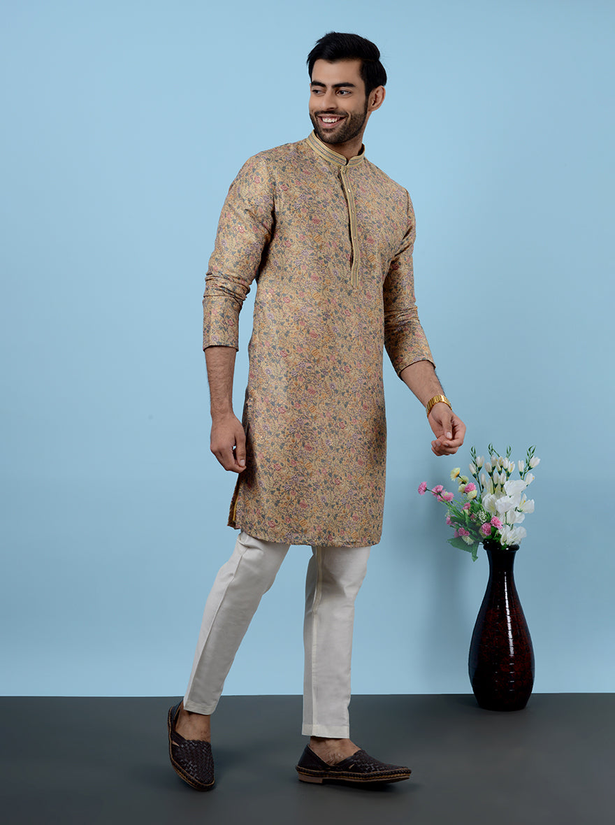 Elegant mustard men’s kurta pajama, ideal for USA haldi and mehndi celebrations.