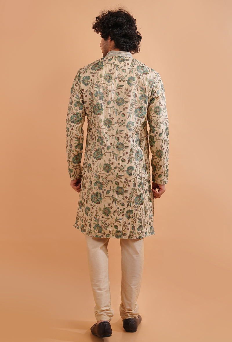 Cream silk blend kurta pajama set for men, featuring exquisite detailing for ethnic events.