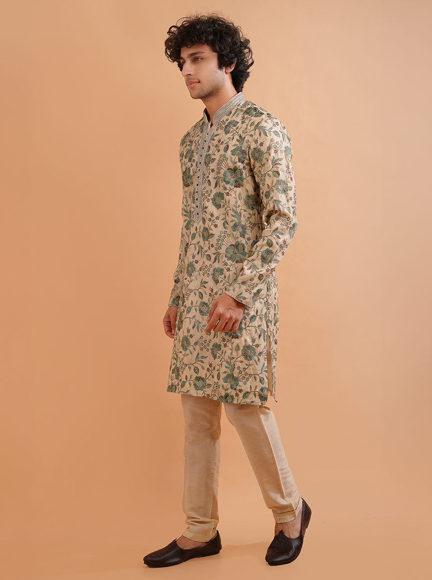 Enjoy sophistication at traditional events in the USA with this Cream & Green Silk Blend Kurta Pajama set.